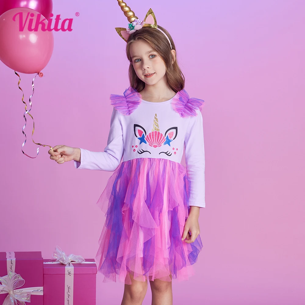 

VIKITA Girls Tutu Dress Kids Unicorn Print Cartoon Dresses with Irregular Skirt Girls Birthday Party Prom Gown Long Sleeve Dress