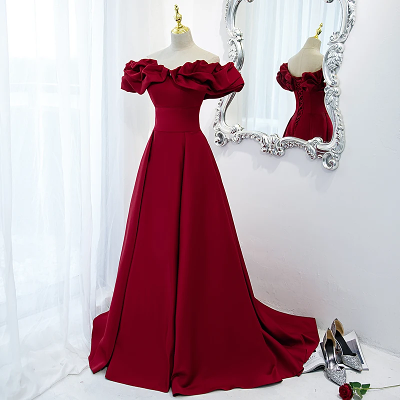 

Red Satin Evening Dr One oulder Host High End Women's Summer Wedding Dr Long Tail Princ Sle mid Waist