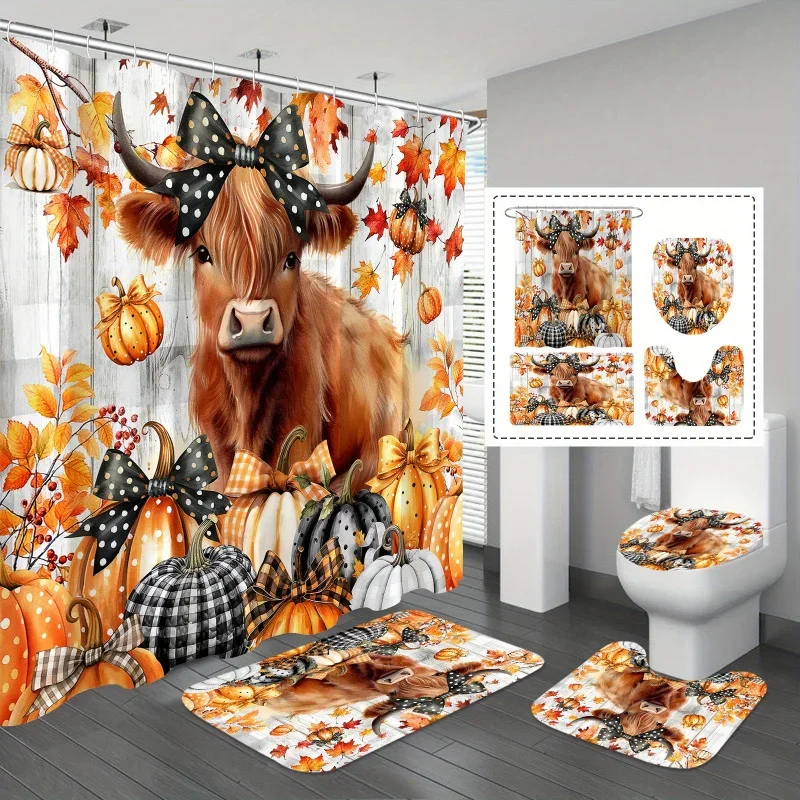 

4 шт., комплект занавесок для душа в горошек с изображением молодости, хайлендской коровы и тыквы, забавные наборы для ванной комнаты с милыми животными и душем Cu