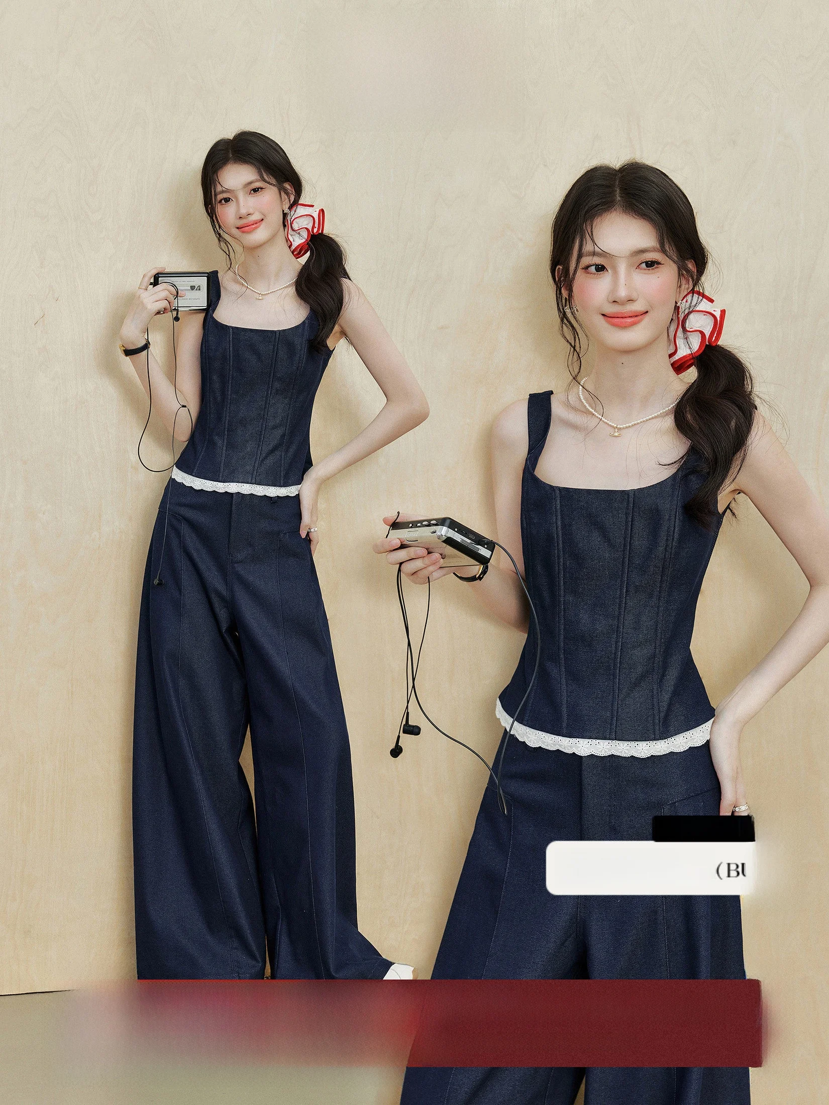 

Широкие брюки с высокой талией, комплект из двух предметов, женский летний модный повседневный синий джинсовый топ с бретельками U-Ne и бот-комплект