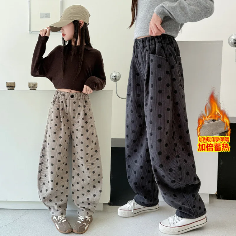 

Girls' Polka Dot Winter Sweatpants, Casual Saber Pants, Thick Children's Pants, 2025 New Arrival, Autumn and Winter Long Pants