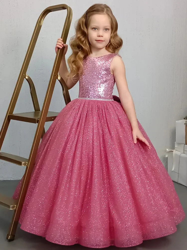 Elegant Girls Party Dress Sequined Pink Lace Princess Birthday Prom Long Gown Kids Performance Wedding Formal Evening Costumes