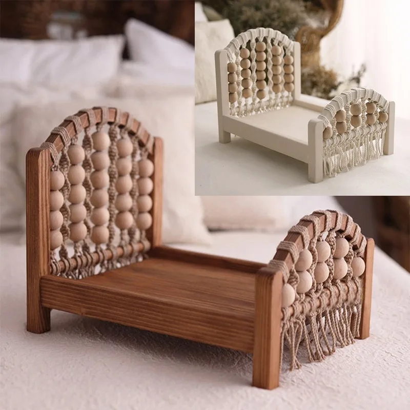 Newborn Photography Furniture Retro Hand-woven Wooden Beaded Bed Assisted Posing Crib Photo Props Studio Baby Photoshoot Tool