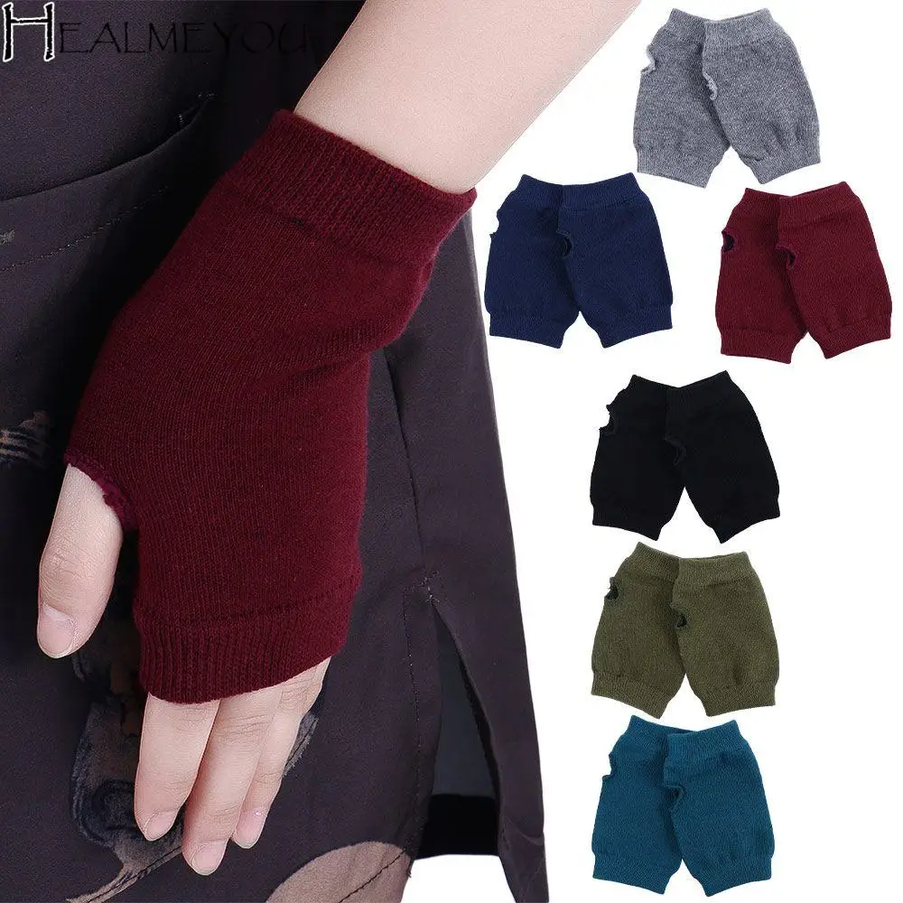 Solid Color Crochet Knitting Gloves Hand Wrist Arm Stretchy Half Mitten Cycling Gloves Faux Wool Mittens Half Finger Gloves