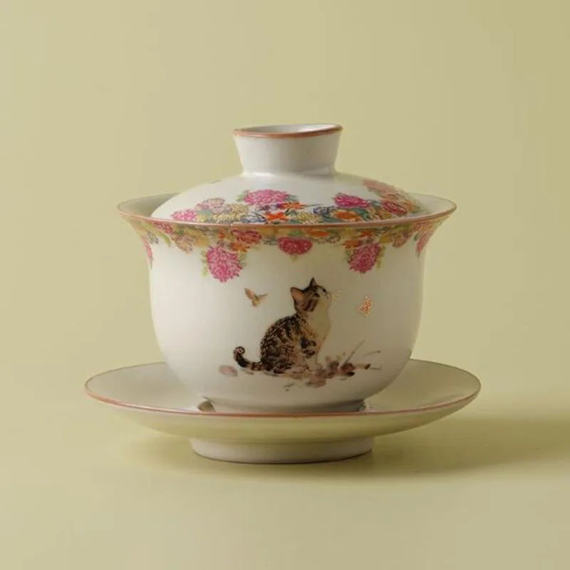 Beige Ruyao Cat Play Butterfly Sancai Tea Tureen Tea Maker Cover Bowl Tea Cup Chinese Kungfu Teaware Set