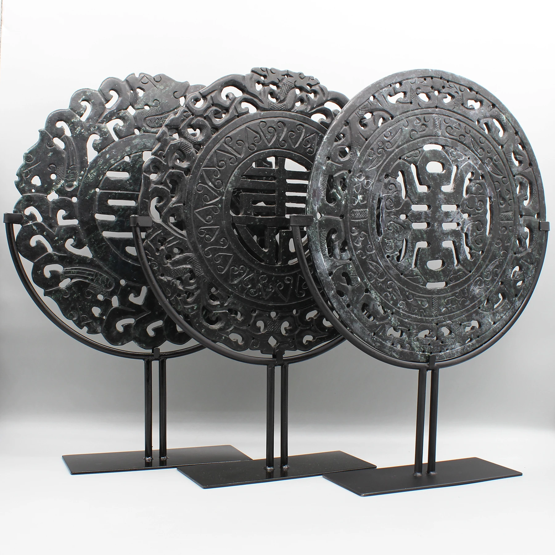FengShui Jade Stone Carving, Stone Disc, Fortune Disc, Double Happiness and Long Life Sign