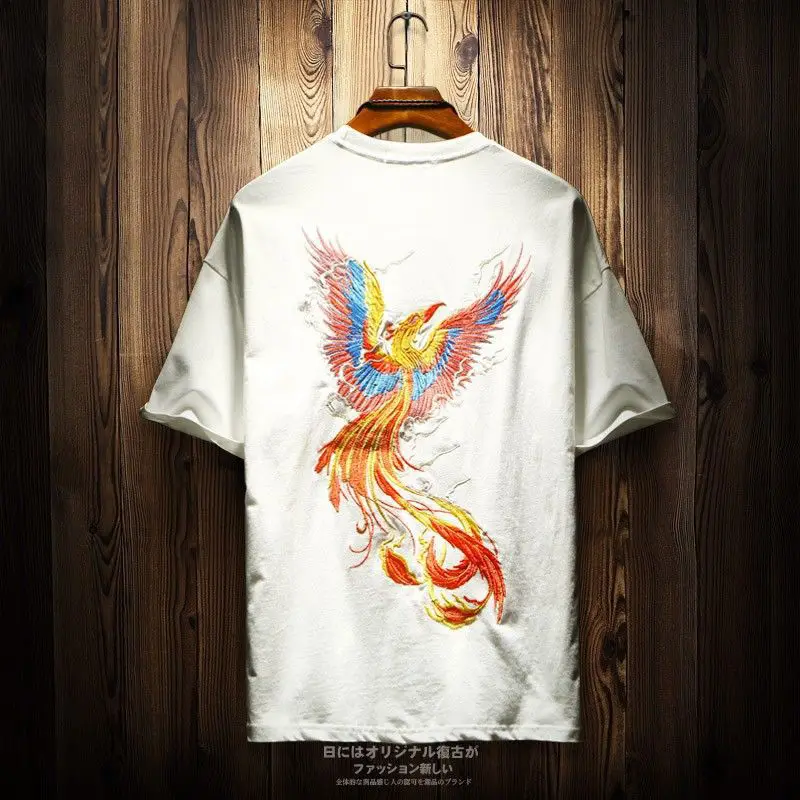 Oversized 2xl Phoenix Embroidery China Style Mythical Beast Cool Fashion Summer Men T Shirt Short Sleeve Casual 2022 Streetwear