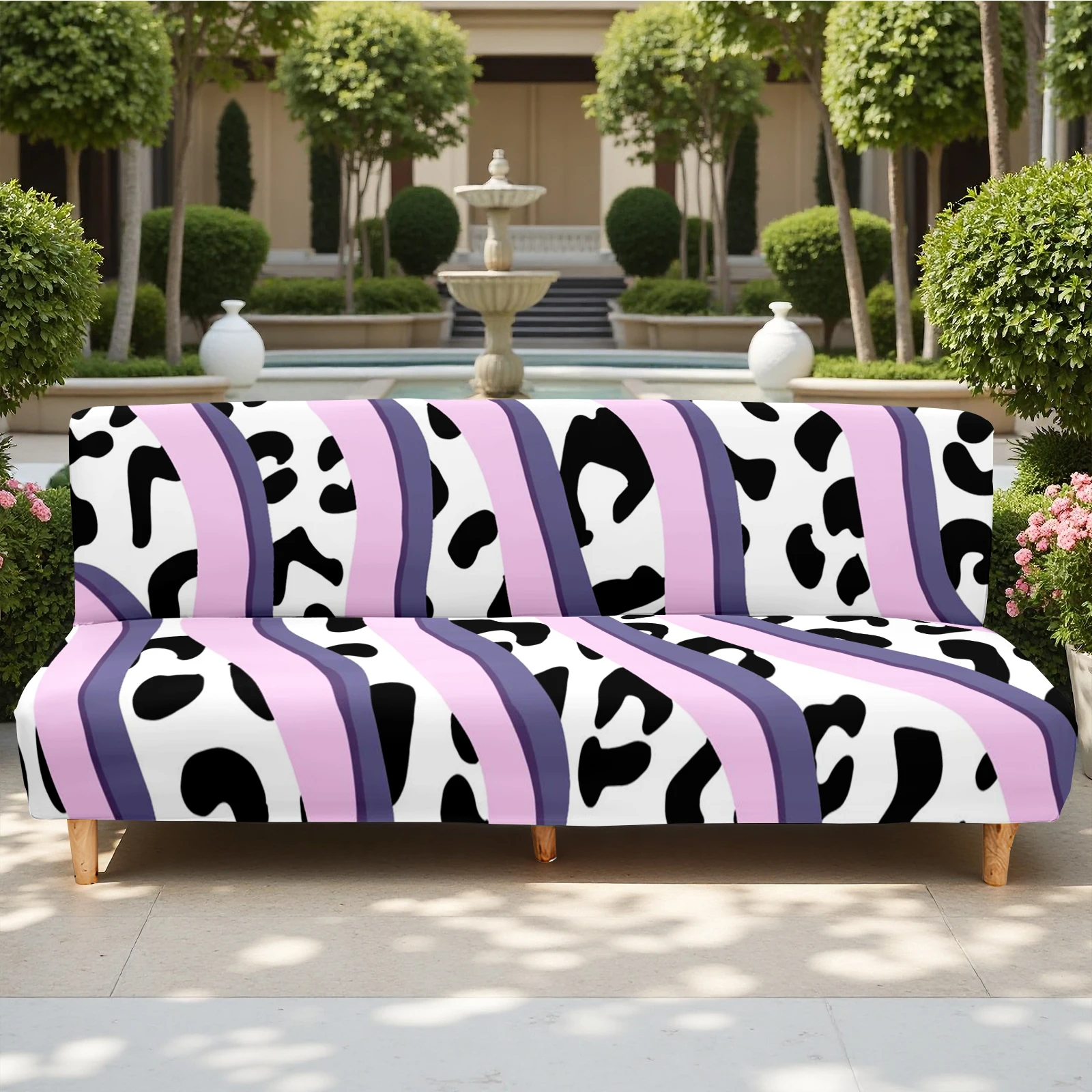 Cow Print & Pink Striped Summer Outdoor Futon Cover, Milk Silk Elastic Sofa Slipcover, Pet - Friendly, Was
