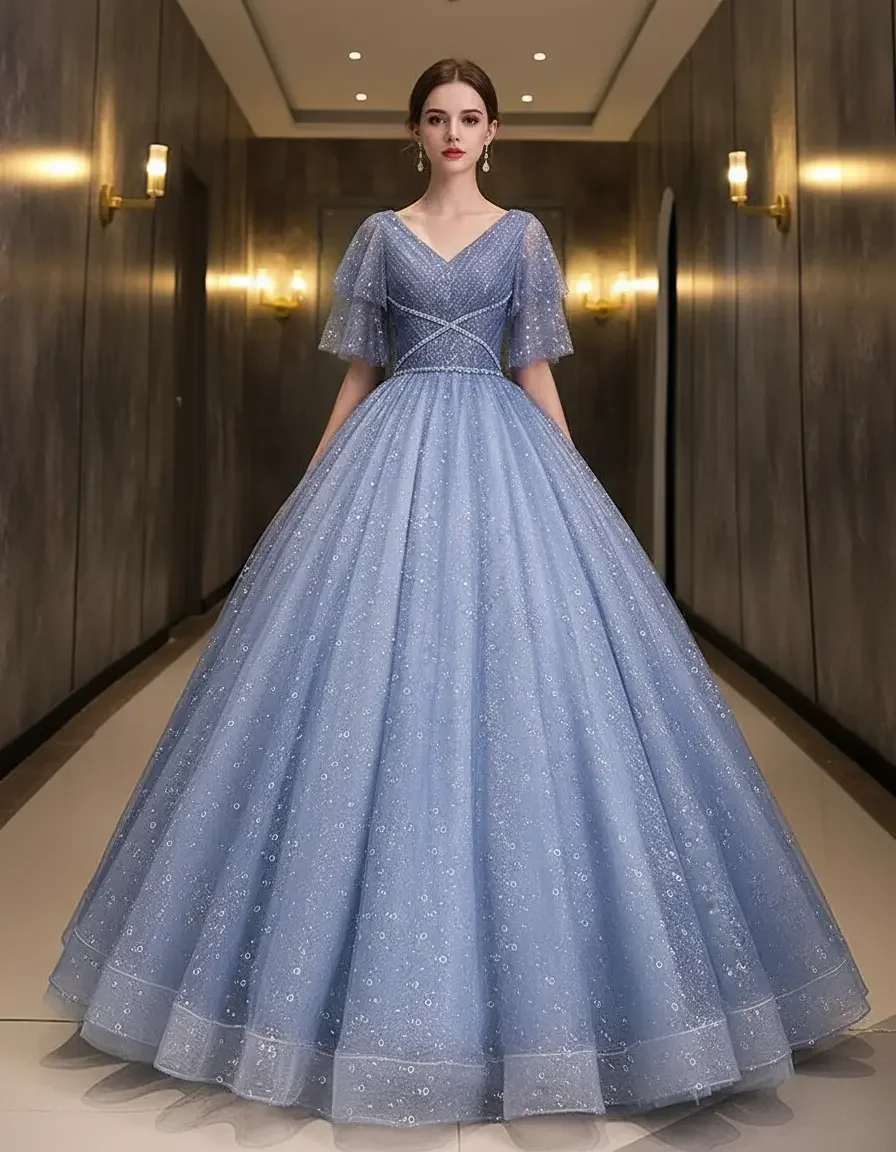 Elegant Dusty Blue V Neck Tulle Ball Gown with Sparkly Sequins, Flared Sleeves & Lace Up Back for Quinceanera Wedding Party