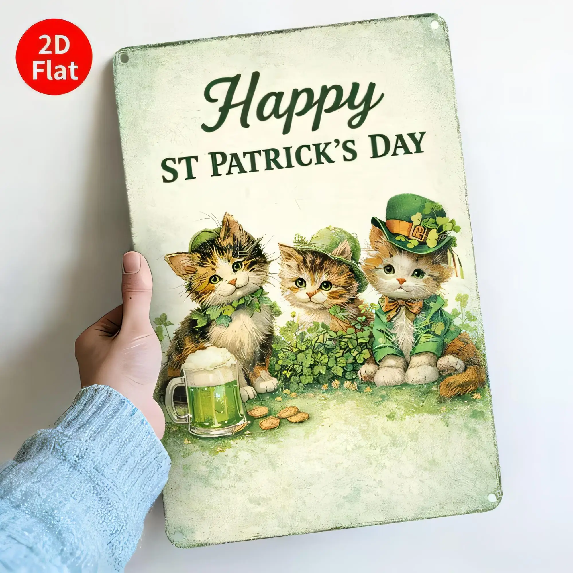 Happy St Patrick’s Day Tin Sign Retro Vintage 2D Flat Metal Plaque Lucky Shamrock Cats Leprechaun Wall Decor for Bar Pub Home Of