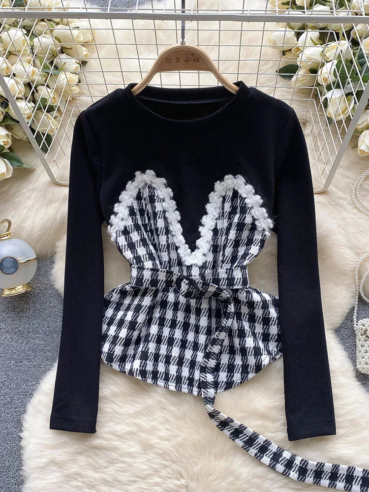 

Women Autumn Pullovers French Atmosphere Retro Straps Waistband Plaid Ing Fake Two Pieces Of Light Style Top D5458