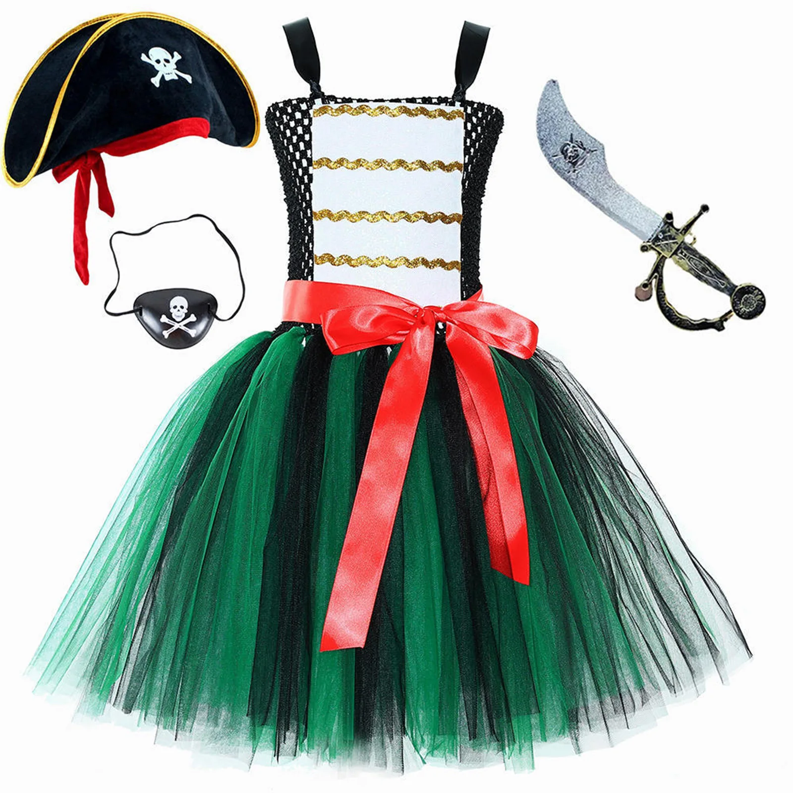 Girls Pirate Costume Halloween Sea Buccaneers Cosplay Clothes Tie-up Straps Mesh Dress with Skull Print Hat Eye Mask Knife Toy