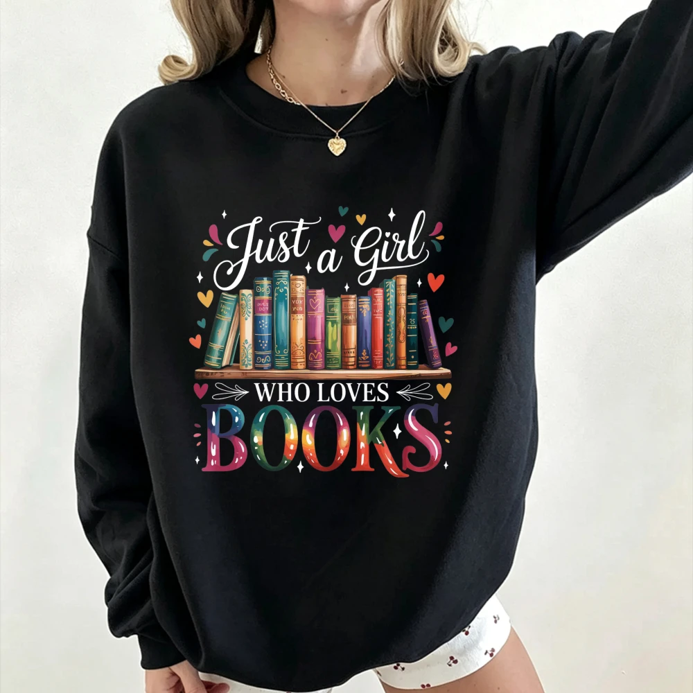 Unisex Crewneck Sweatshirt Just A Girl Who Loves Books Bookshelf Heart Graphic Romantasy Readers Society Candle Book Print Tops