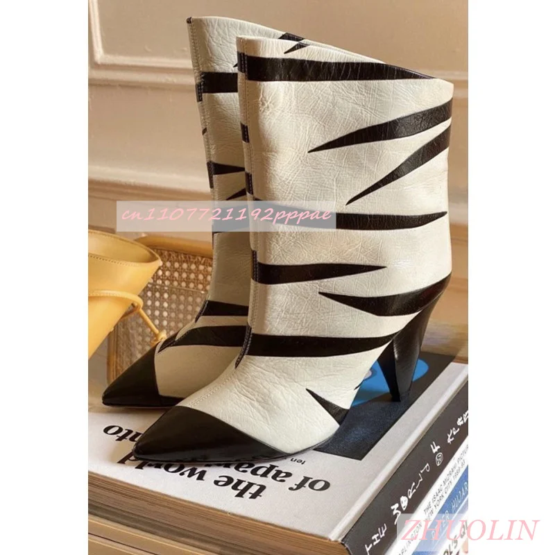 Black And White Splicing Striped Short Boots Pointed Cone Heel Slip-On Straight Boots Fashion Simple Party Catwalk Women'S Boots