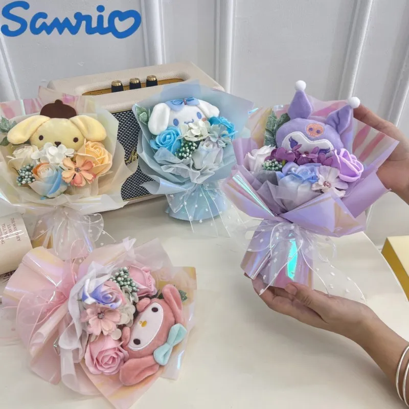 

New Sanrio Cinnamoroll Kuromi Pom Pom Purin My Melody Plush Doll Kawaii Bouquets Flowers Cartoon Anime Graduation Girls Gifts