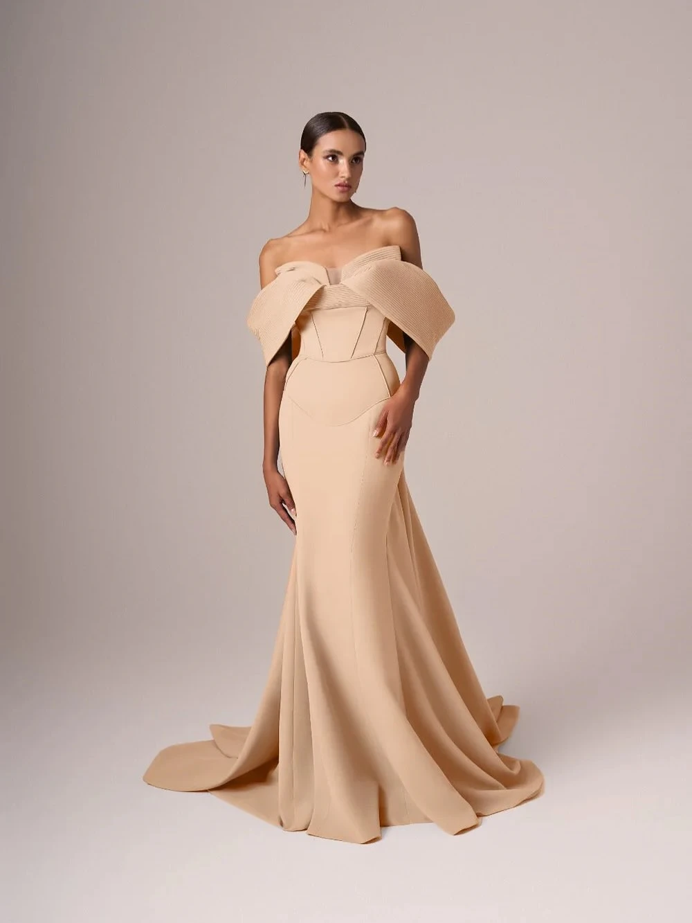 

Customized Simple champagne Jersey Evening Dress Boho Strapless Off the Shoulder Party Dress Soft Mermaid Court Train Prom Dress