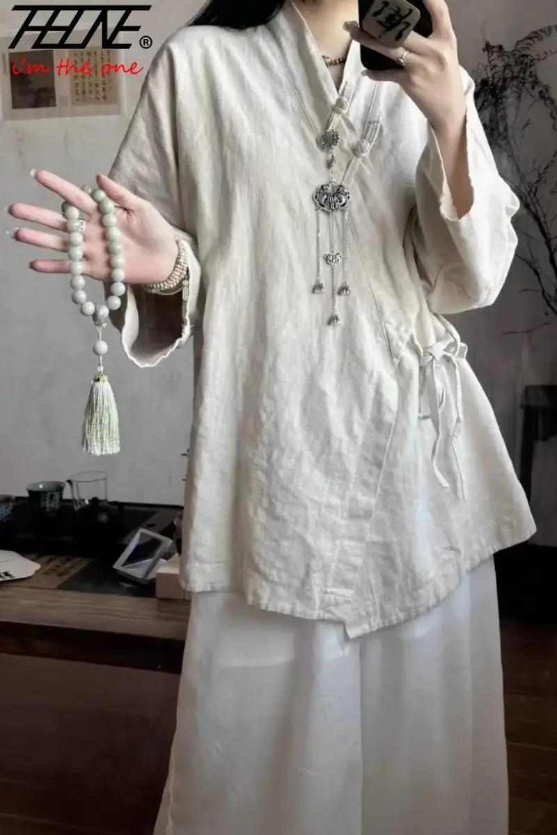 Women's Lace-Up Vintage Long Sleeve Blouse in Cotton Linen