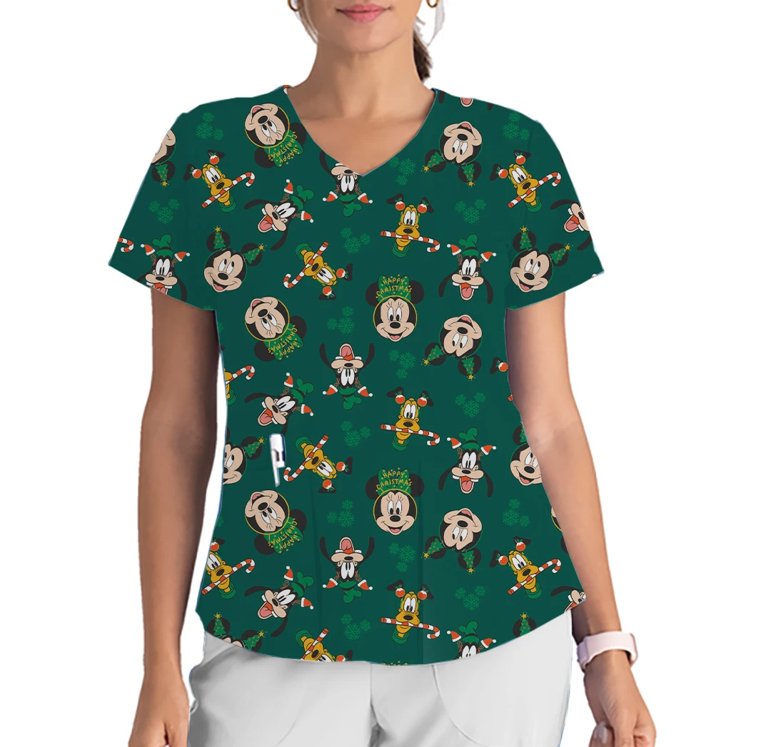 Disney Weihnachten Mickey Minnie Neue V-ausschnitt Print Peeling Top Neue Jahr Geschenk frauen Einfache Atmosphäre Arbeit Uniform Dental T-shirt