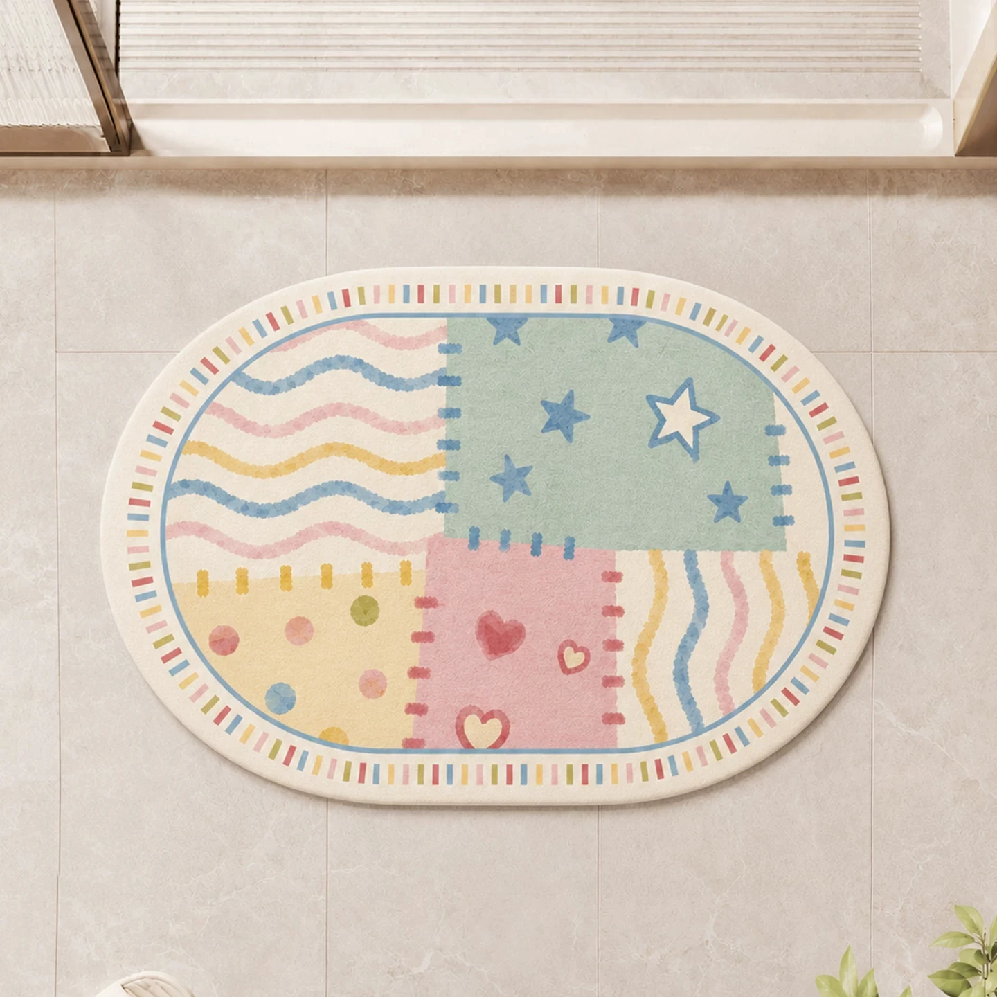 Vibrant Cartoon Patchwork Bathroom Rug Soft Diatom Mud Quick Dry Floor Mat Anti-Slip Super Water Absorption Mat for Shower