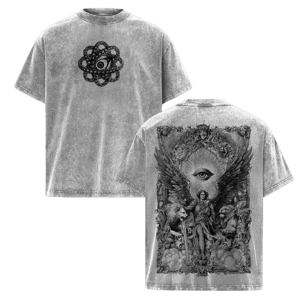 Ophanim Angel Washed T-Shirt, Archangel Warrior Oversized Tee, Biblical Eye Angel Shirt