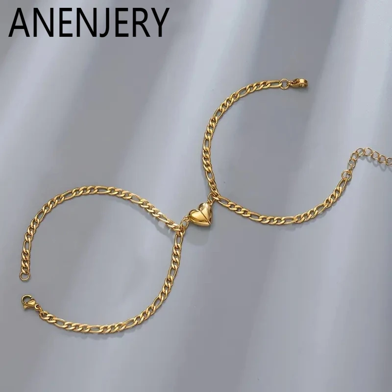ANENJERY 316L Edelstahl Herz Magnetische Armband Set für Frauen Paar Valentinstag Mode Glamouröse Nische Schmuck Geschenke