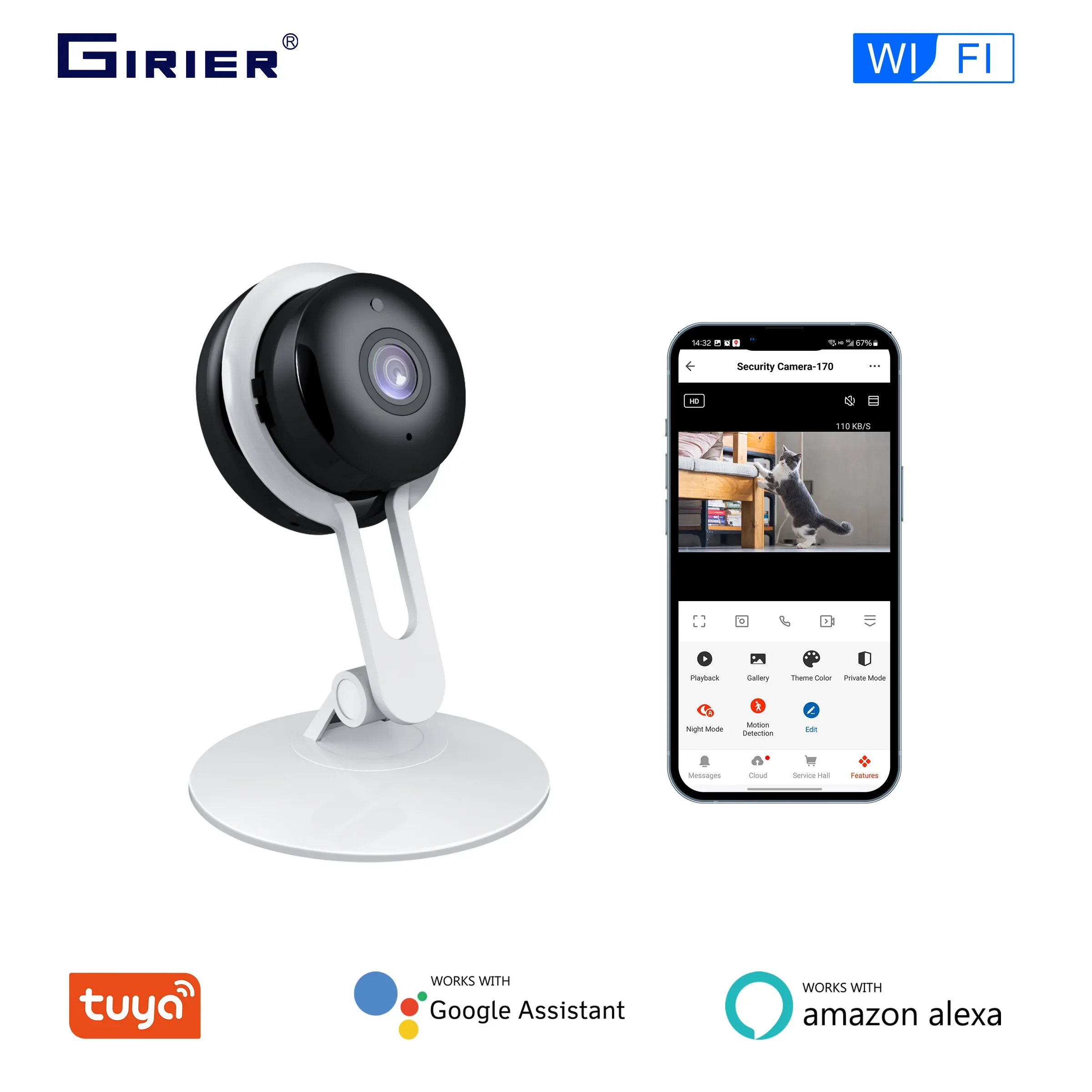 GIRIER Tuya WiFi Smart Security Camera for Baby Monitor Indoor Smart IP Camera Supports Night Vision 2-way Talk Works with Alexa