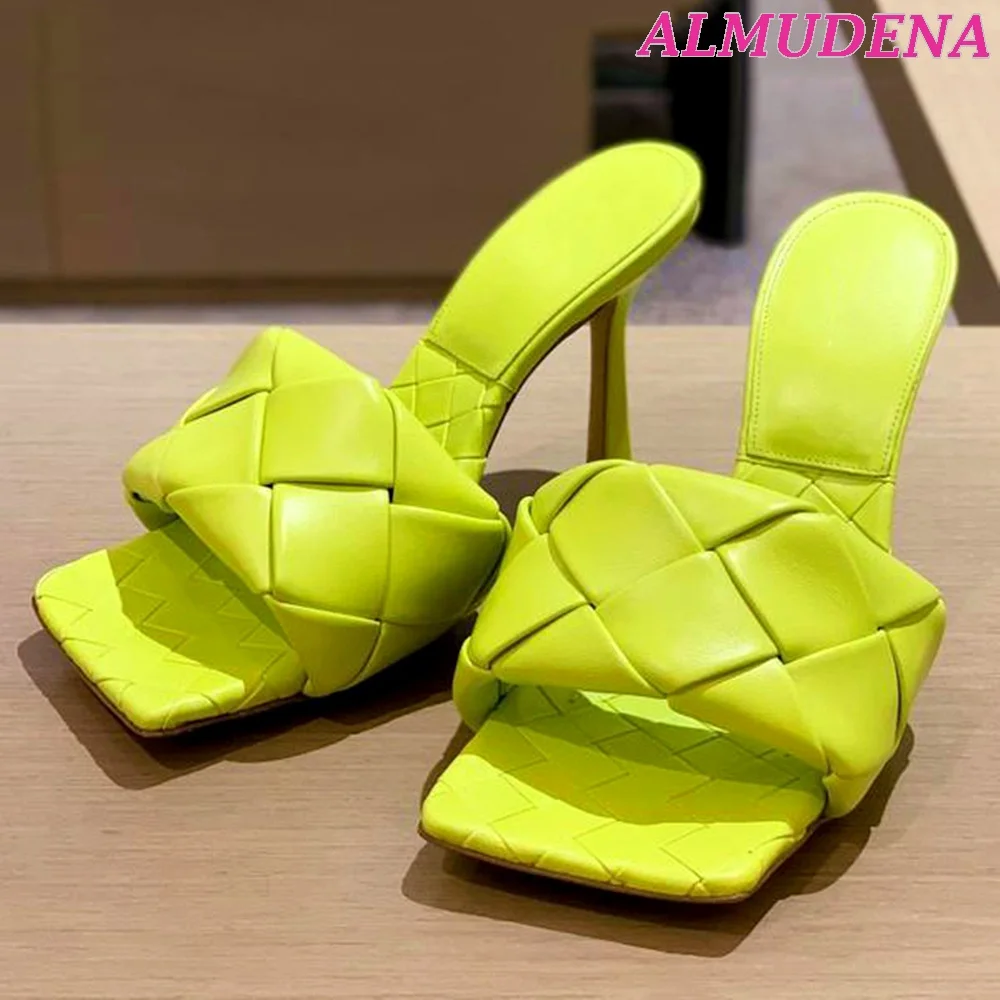 Women Knit Square Toe Leather Mules Plus Size Metallic High Heels Slippers Luxury Designer 2023 Summer New Sandals Shoes