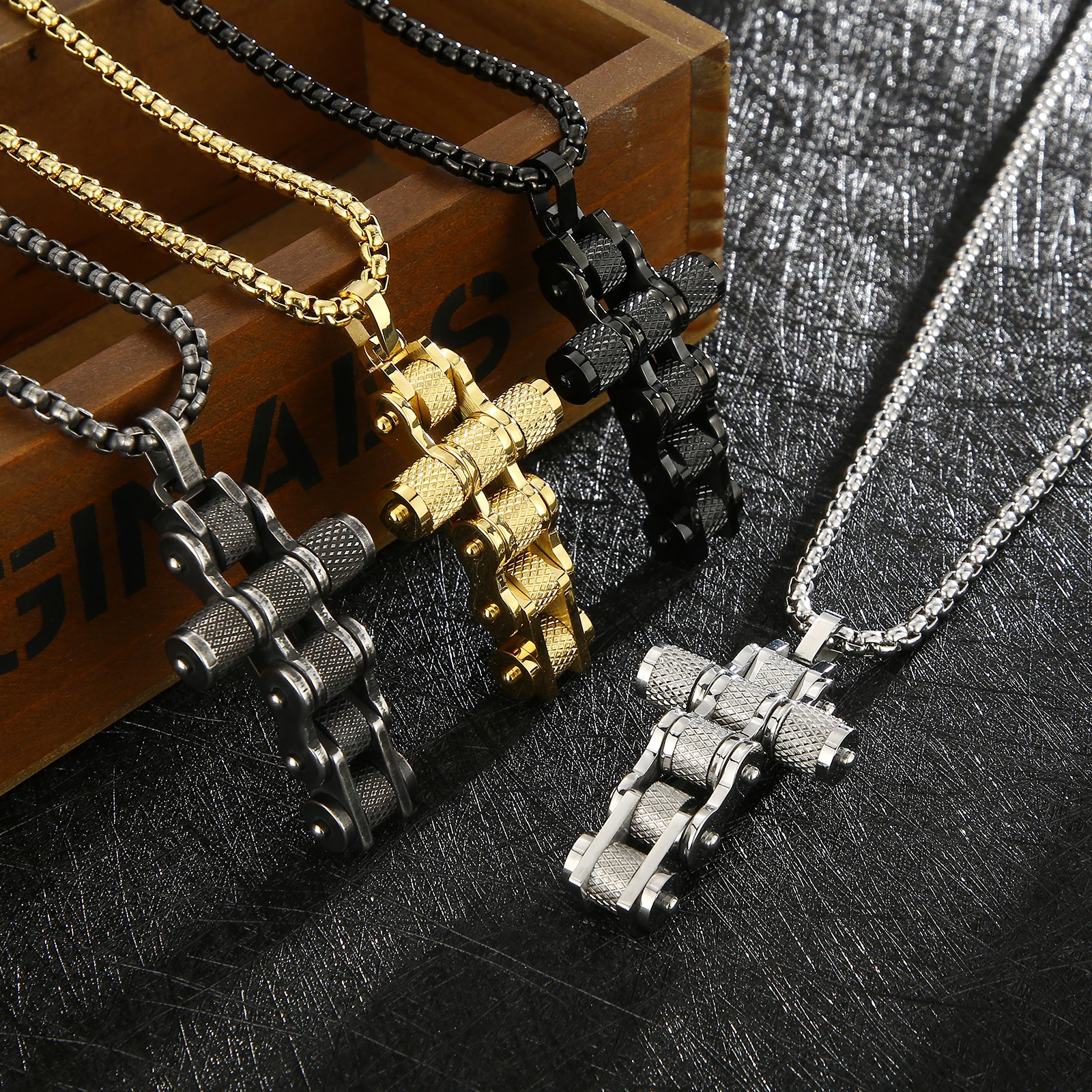 Stainless Steel Biker Cross Necklace Pendant Multilayer Geometry Crucifix Necklaces with 19/23/27'' Box Chain