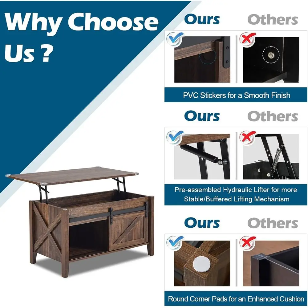 Rustic Grey Lift Top Coffee Table with Storage Shelf and Hidden Compartment, Espresso Brown, 36 Length