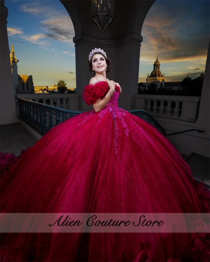 Exquisite Wine Red Beads Princess Quinceanera Dresses Pearls Ruffles Tiered Sweet 16 Dress Ball Gown Vestidos De 15 Años