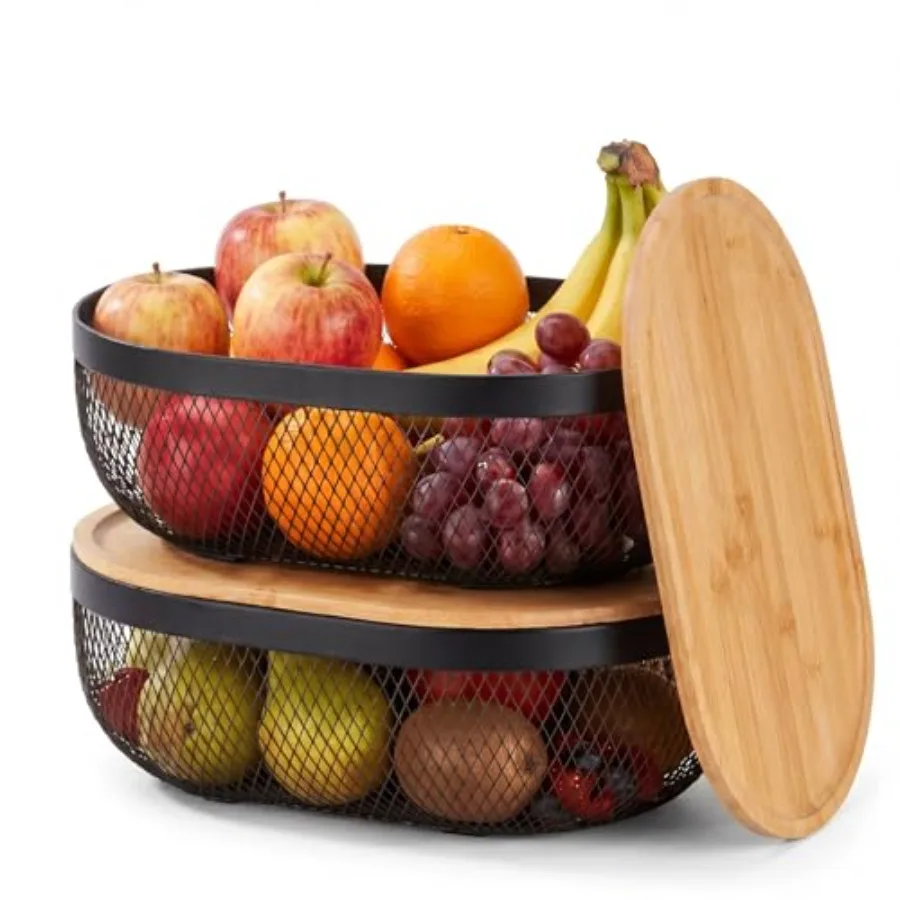 

2 Pcs Oval Metal Mesh Storage Baskets with Tray Lids Black Wire Organizer for Kitchen Countertop Multi-functional Fruit and Bre