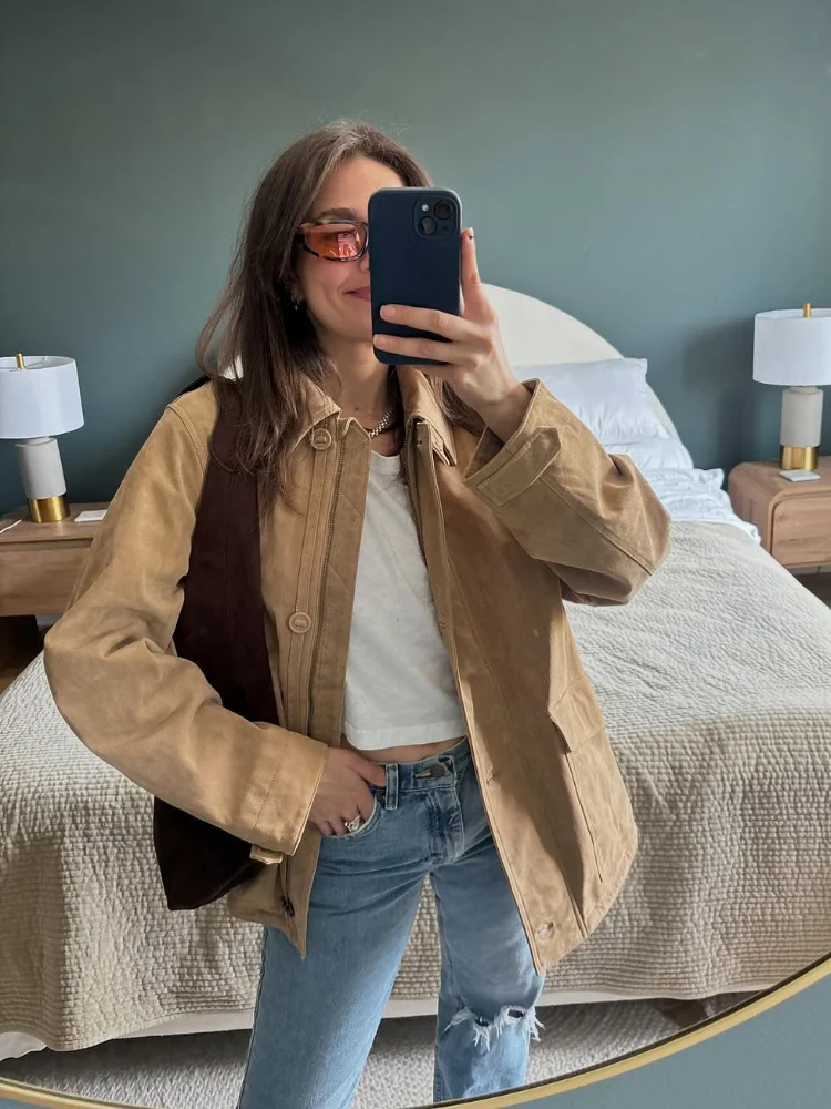 

Женская однотонная короткая замшевая куртка с лацканами, повседневная однобортная свободная куртка с длинным рукавом и v-образным вырезом, 2025 г., женская верхняя одежда на каждый день, новинка