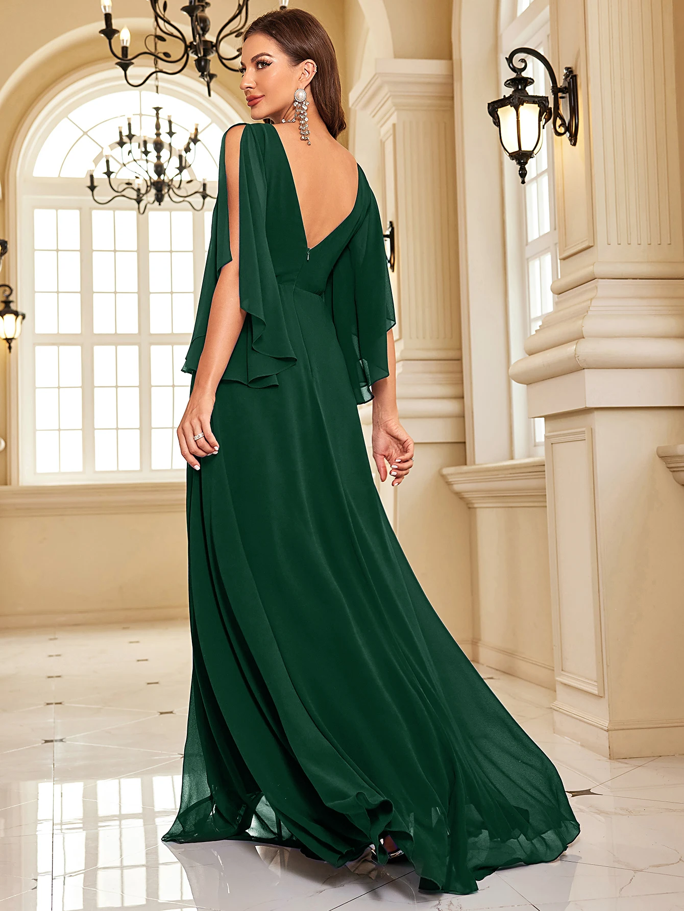 XUIBOL Luxury Chiffon Long Sleeve Green Evening Dresses Sexy High Slit Women Dress V-Back Formal Wedding Party Gowns Vestidos