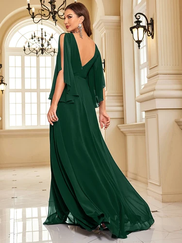 Imagen 2 del producto XUIBOL-Vestidos de gasa de manga larga para mujer, ropa de noche verde, Sexy, con abertura alta, espalda en V, Formal, para fiesta de boda