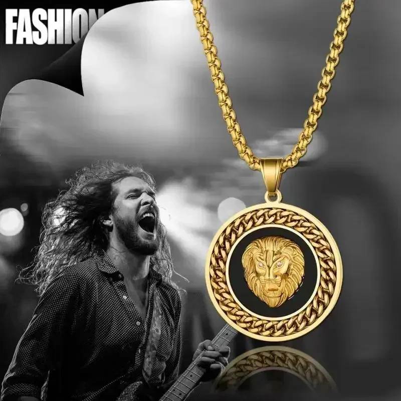 Hip Hop złoty kolor 3D okrągła głowa lwa wisiorek łańcuszek Medal naszyjnik mężczyźni kobiety Rock raper biżuteria prezenty — zdjęcie 3