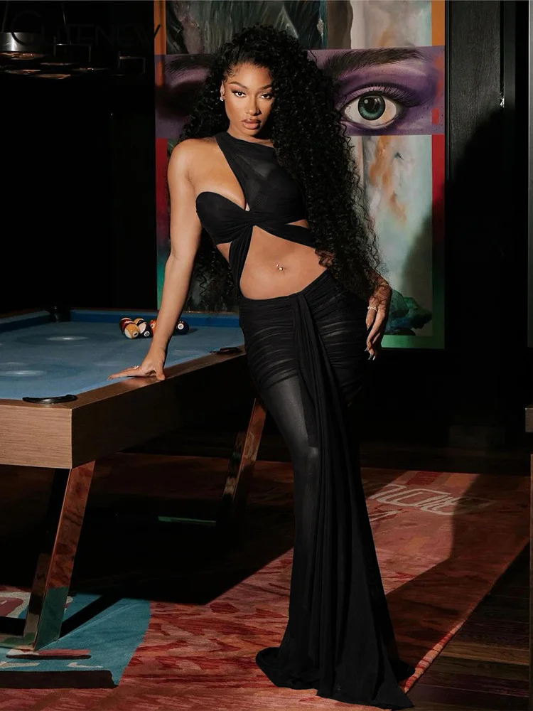 Cutenew Mesh Asymmetrische Maxi Jurk Vrouwen Sexy Sheer Helling Schouder Geplooide Prachtige Bodycons Vrouwelijke High Street Party Gewaad