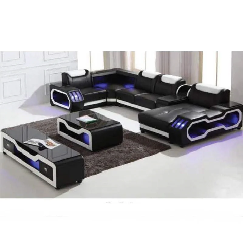 For Luxury Modern Living Room Furniture Sets Led Sectional Sofas Lighting Leather Corner LED Light Chesterfield 2020 Design