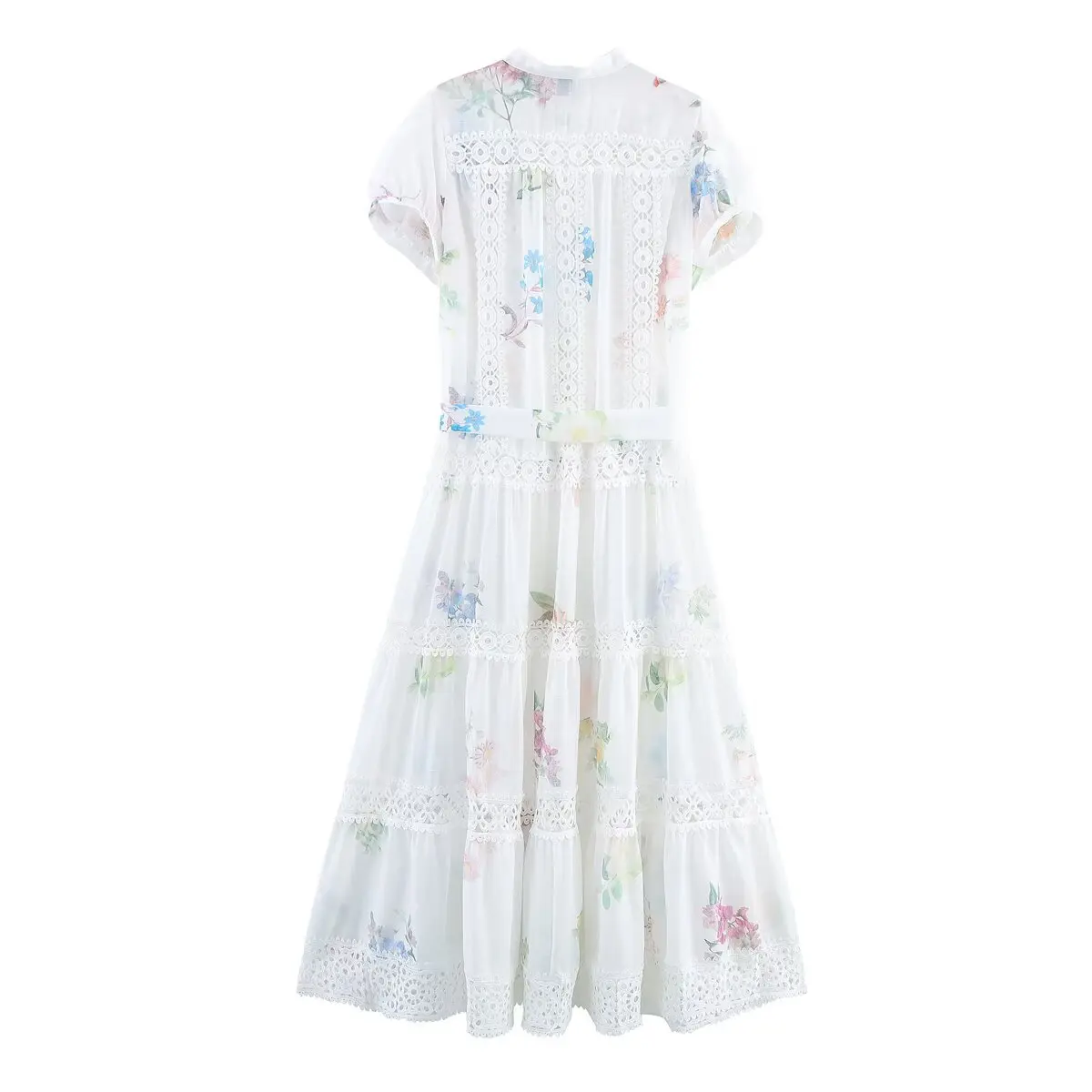 Herbst Sommer Patchwork Aushöhlen Spitze-Up Langes Kleid Mode Frauen Langarm Blumen Druck Kleid A-Line Kurzes Kleid elegante