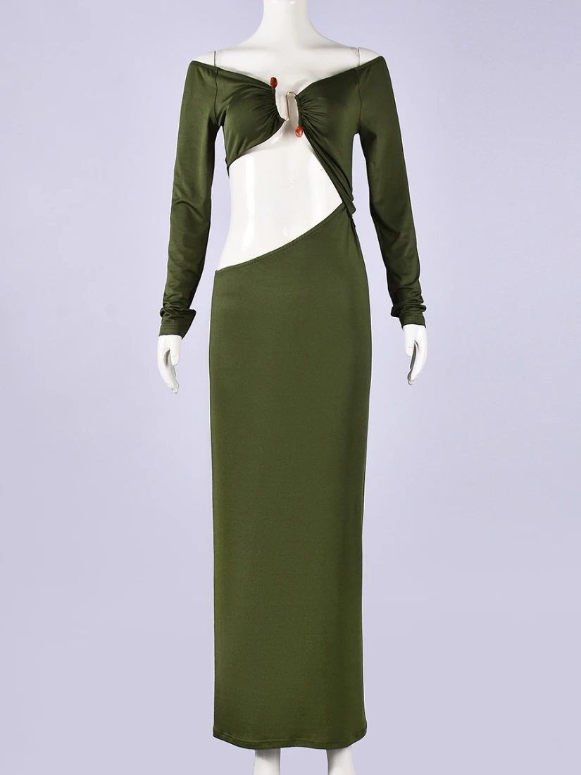 SsTss-Vestido largo verde de verano para mujer, vestido largo a la moda con cuello en V y hombros descubiertos, manga larga, corte ajustado, para fiesta en la playa y Club