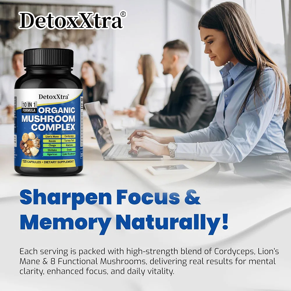 Mushroom Complex Capsules – Lions Mane, Reishi, Cordyceps, Chaga, Immune Support, Memory, Focus, Stress Relief & Energy Boost view 2