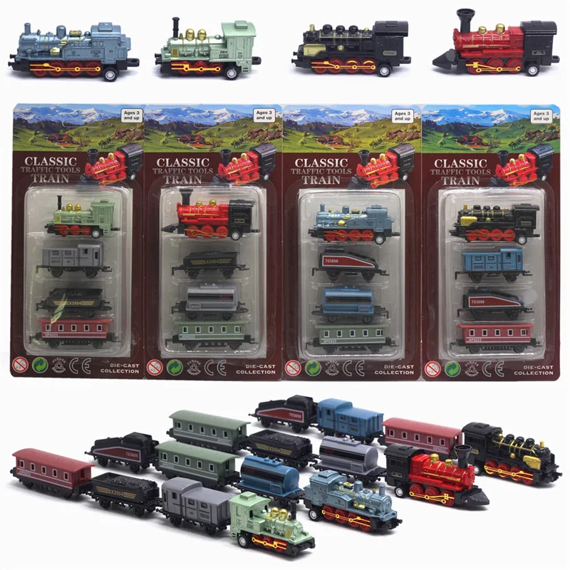 Classic Alloy Locomotive Steam Train Pull Back Model 4 Pieces Set Retro Car Model