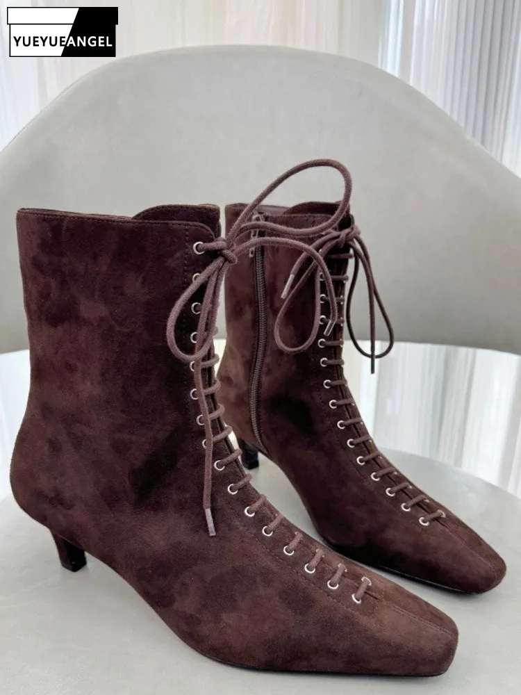 

Women Genuine Sheepskin Suede Ankle Boots Square Toe Lace-up Zipper Boots French Style Thin Heels Solid Color Casual Footwear