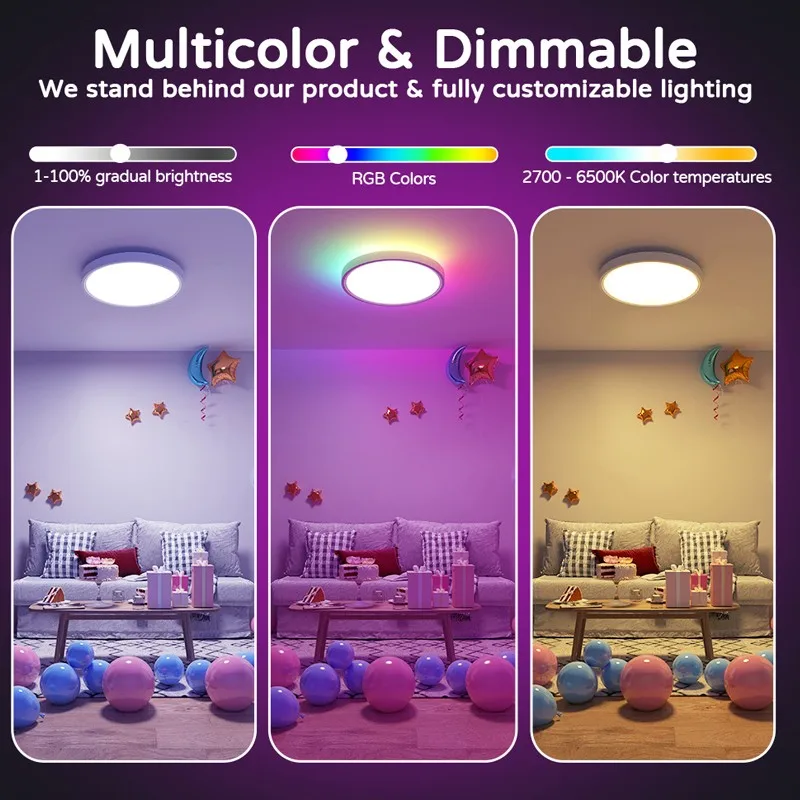 ZAOXI Smart WIFI Bluetooth Remote Control Dimming And Color Matching Alexa Voice Modern RGB Color Ceiling Light 30W 2700K-6500K