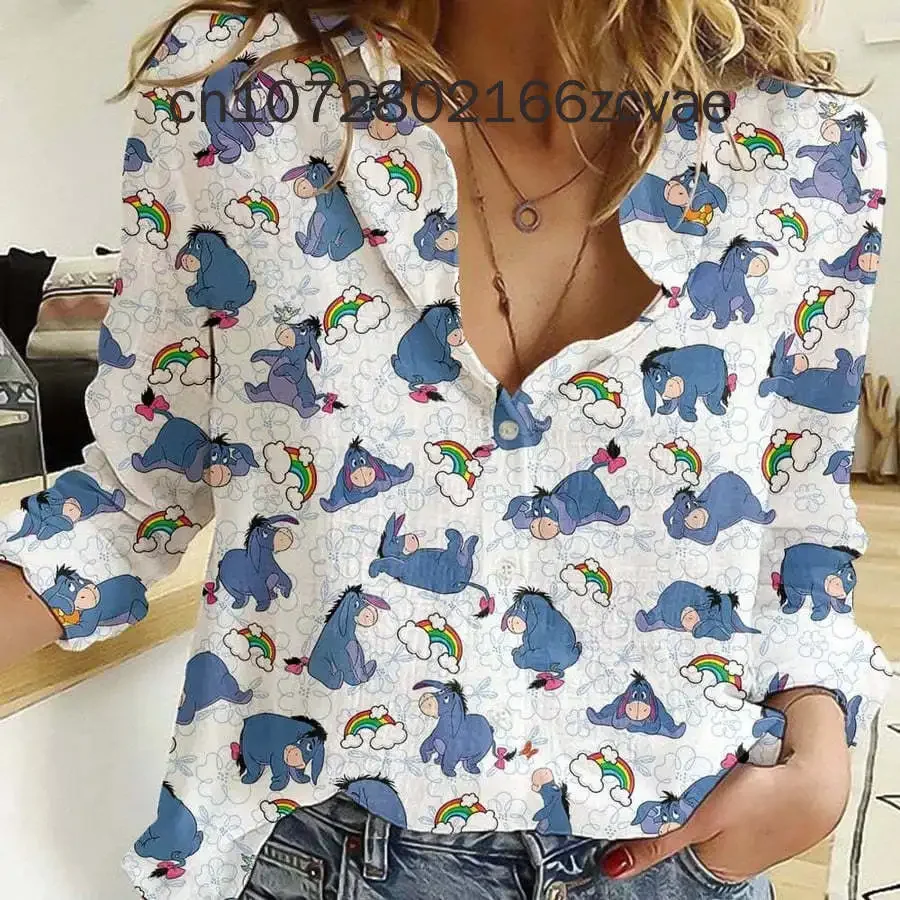 

New Disney Eeyore Women's Long sleeved Shirt Fashionable and Elegant Button Shirt Disney Hawaii Y2K Casual Women's Shirt