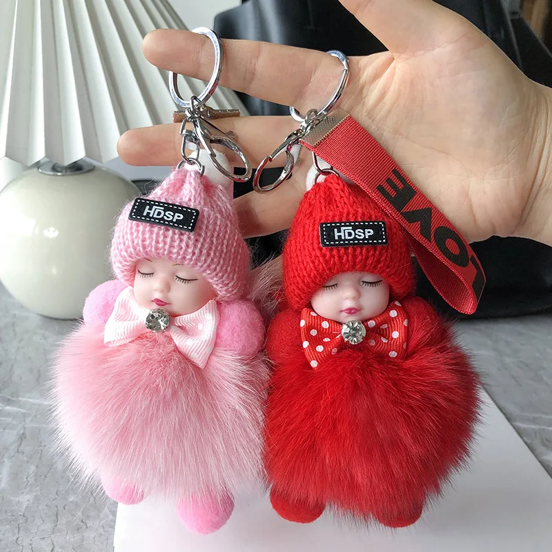 Lovely Sleepy Baby With Pretty Smooth Fox Fur Bag Chain Key Ring K011