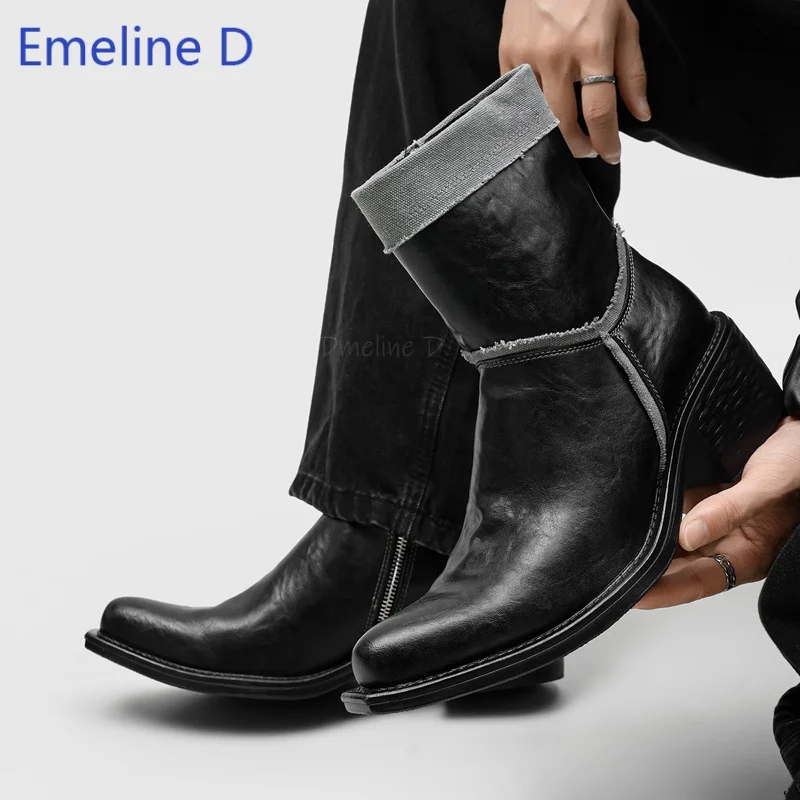 Men Western Mid Calf Boots Leather Upper Denim Frayed Trim Side Zipper Square Toe Block Heel Retro Distressed Trendy Boots
