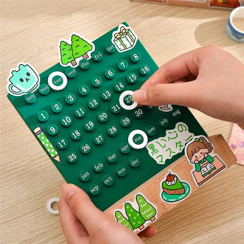 Gfc-Wooden Desk Calendar Perpetual Calendar Retro Home Unique Gifts,Month Date Display, Desk Decorations for Office, Green