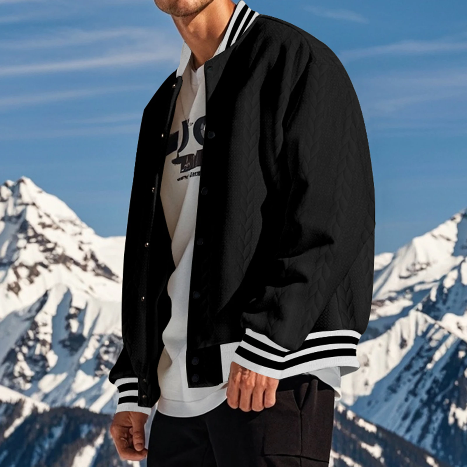 Men's Fall Varsity Jackets Long Sleeve Stripe Stand Collar Baseball Coats Button Down Tops