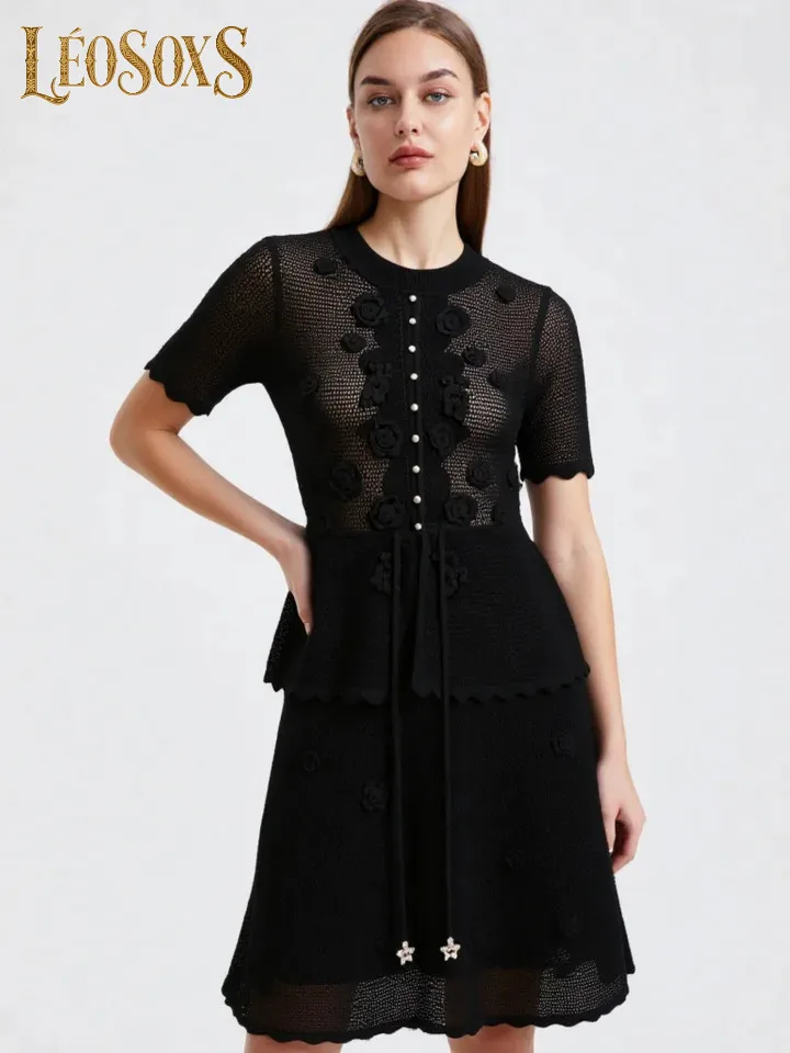 LEOSOXS High Quality Summer Ladies Knit Dress Short Sleeve Slimming Heavy Embroidery Pearl Button Chic Daily Casual Women Outfit