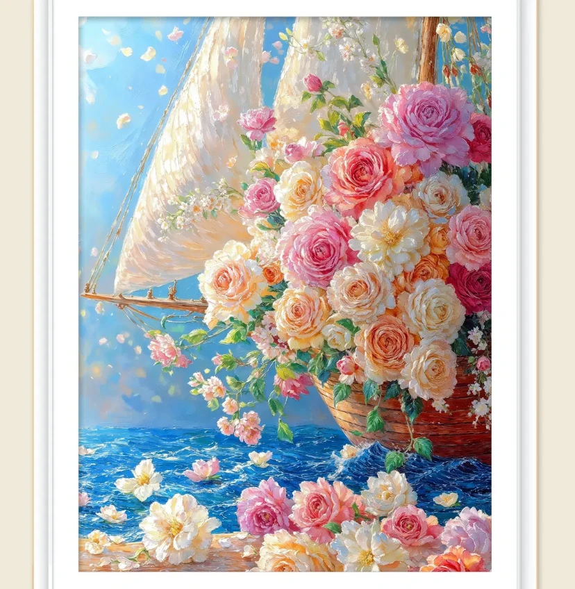 Printed Kits Cross Stitch  9ct 70x90cm Flowers Boat Embroidery DIY Chinese Style Needlework Home Decor Crafts New Arrival